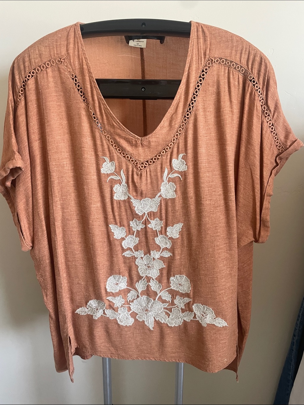 By Together Rust V-Neck Floral Embroidered Tunic
